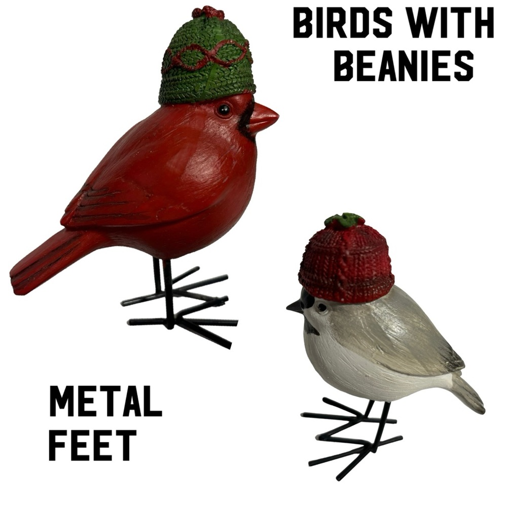 Resin Birds of Winter Wearing Beanies Hats Set of 2 LIKE NEW Metal Feet Decor